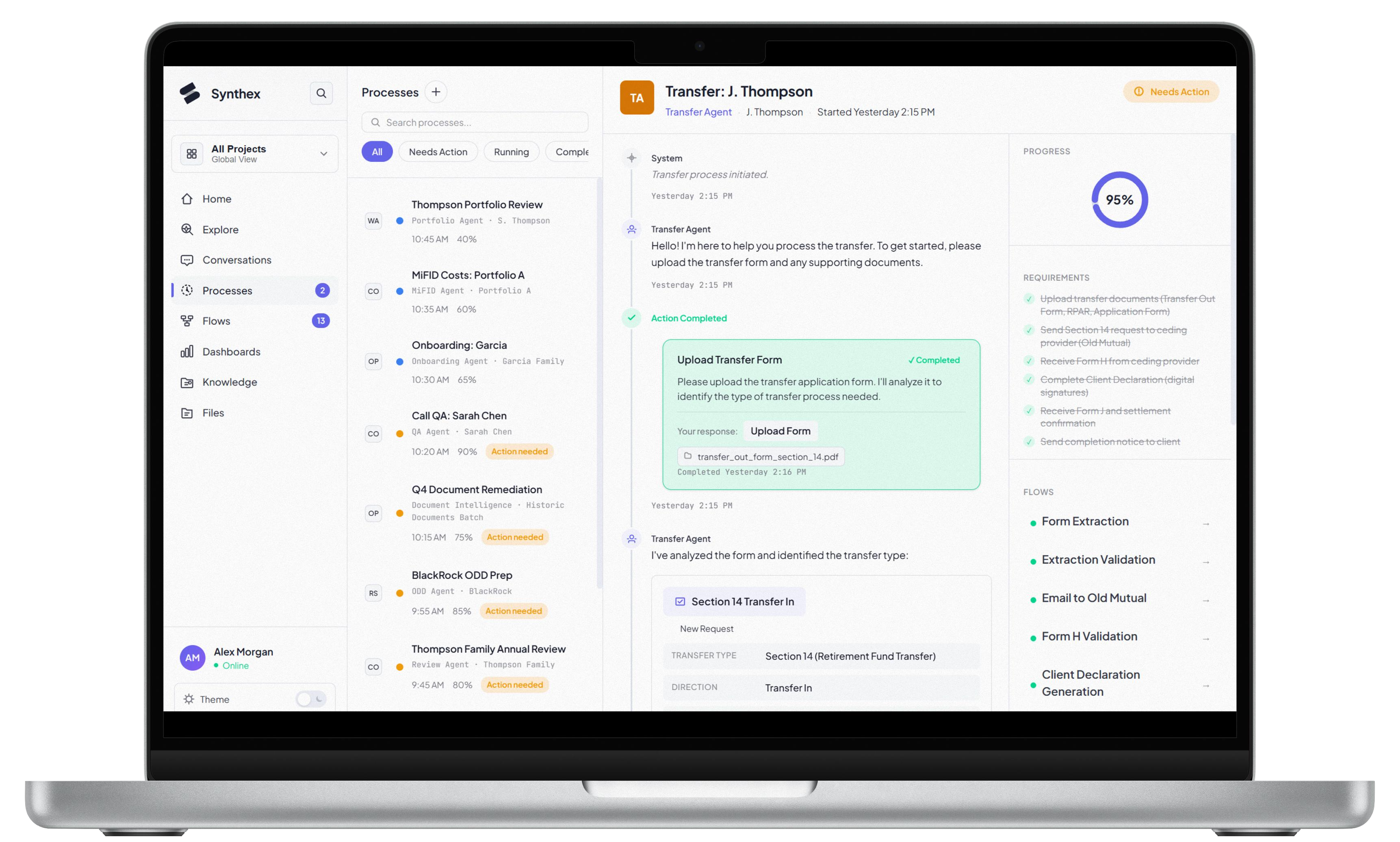 Synthex platform showing a process running with progress, requirements, flows, and evidence visible in one view